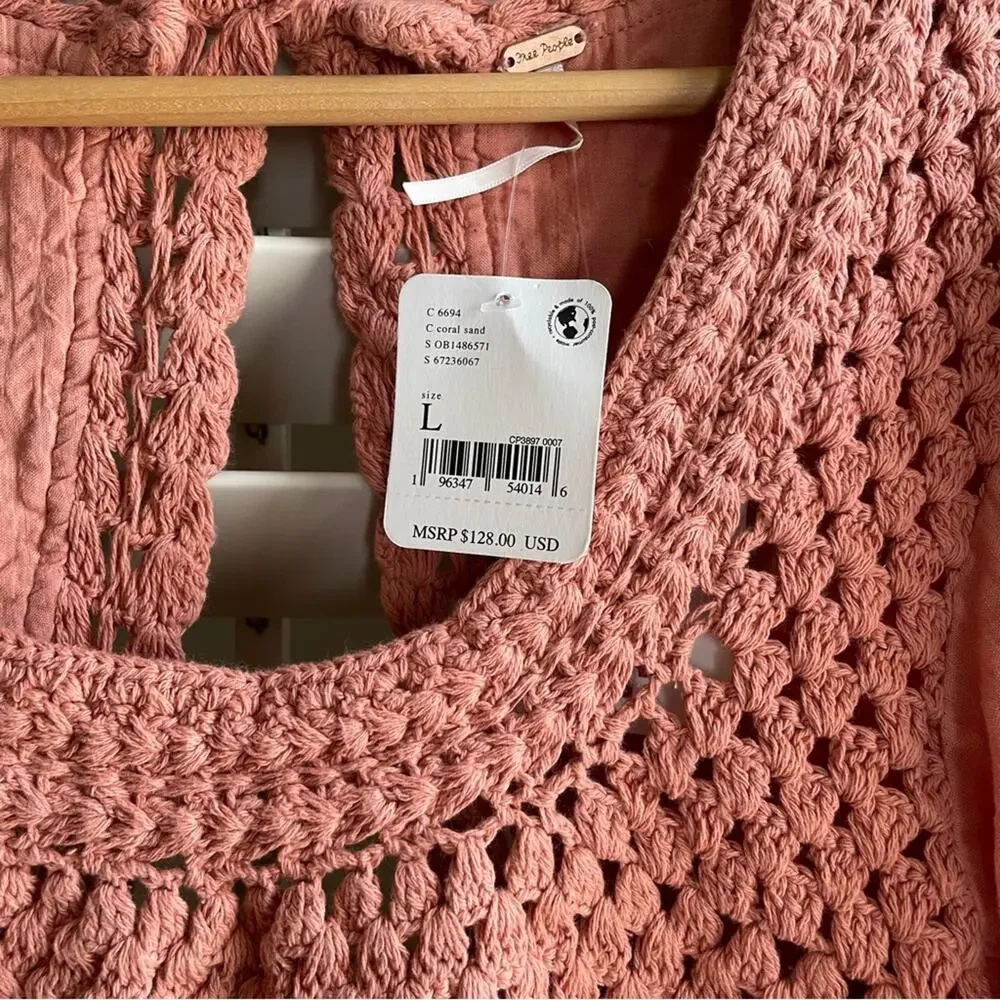 Free People Open Back Crochet Boho Top Dusty Rose Large NWT